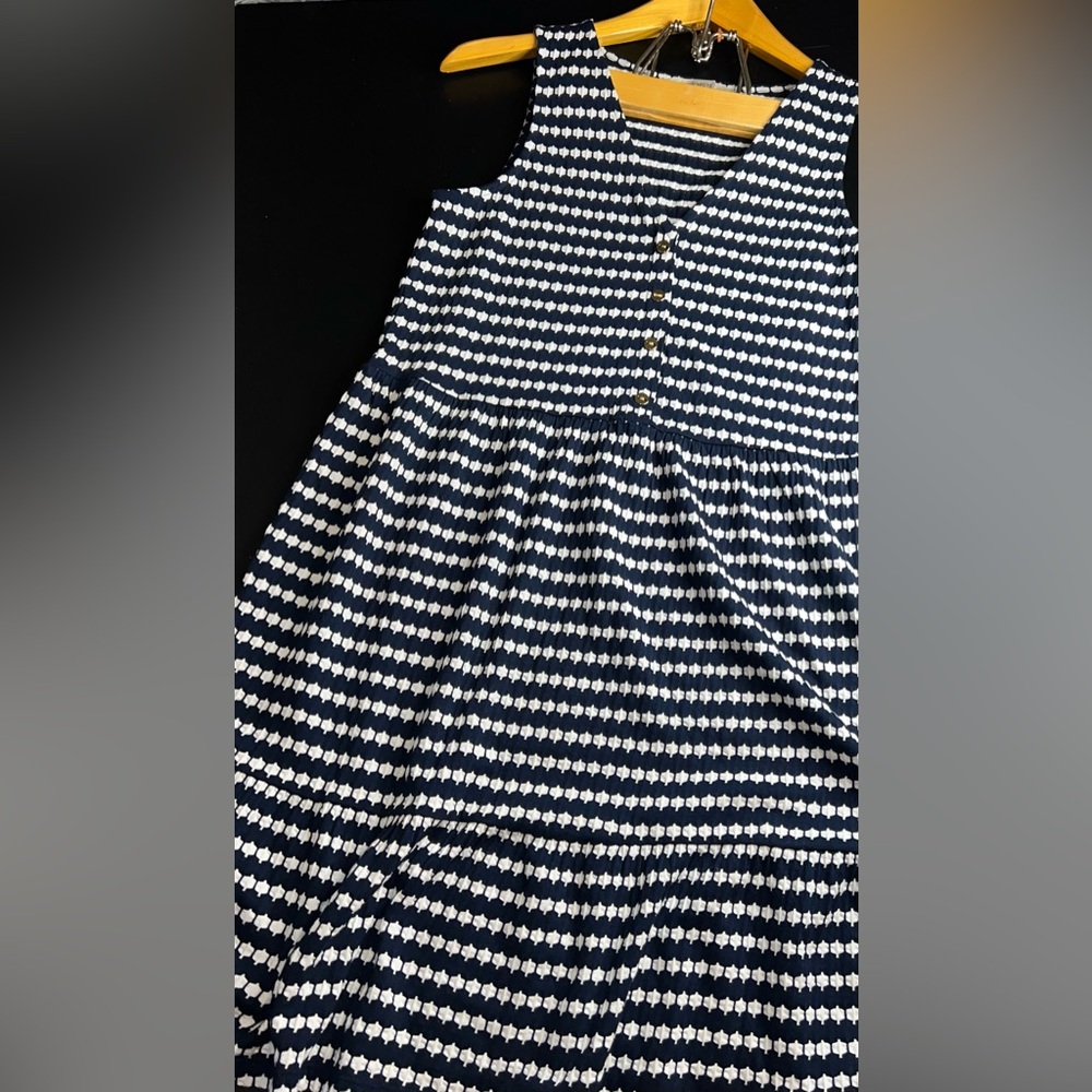 Ann Taylor Loft Navy & White Jacquard Button V-Neck Swing Dress Size XS NWOT